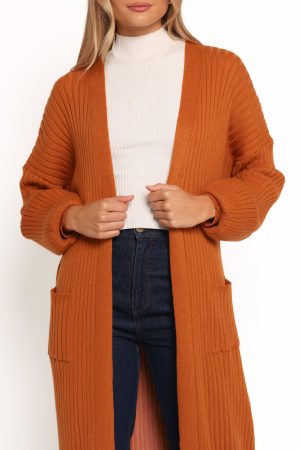 Makenna Long Open Front Cardigan – Rust