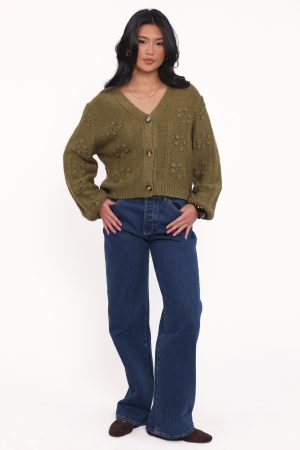 Melody Textured Button Up Cardigan – Olive