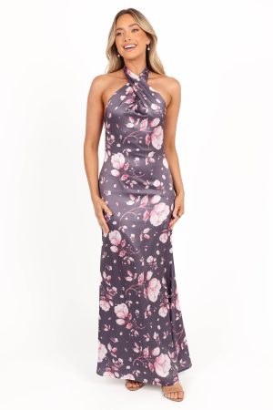 Mila Halterneck Maxi Dress – Steel Gray Floral