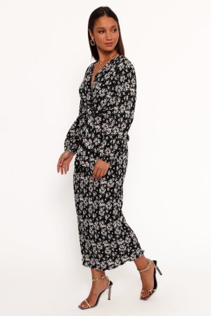 Minelli Pleat Midi Skirt – Black/White Floral