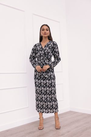 Minelli Pleat Midi Skirt – Black/White Floral