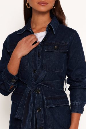 Nadine Tie Waist Button Front Jacket – Denim