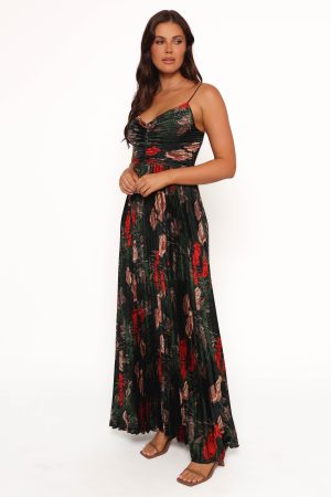 Naira Pleated Maxi Dress – Green Floral