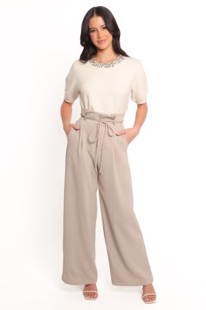 Orlana Embellished Neck Short Sleeve Sweater – Cream