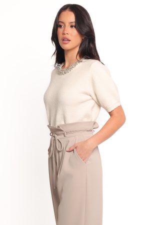 Orlana Embellished Neck Short Sleeve Sweater – Cream