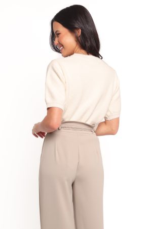 Orlana Embellished Neck Short Sleeve Sweater – Cream