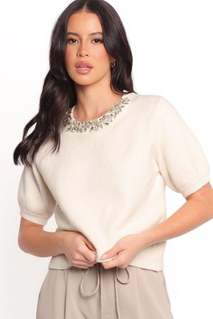 Orlana Embellished Neck Short Sleeve Sweater – Cream