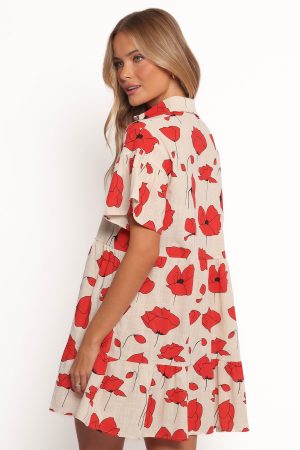 Peachy Mini Linen Dress – Red Poppy Print