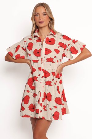 Peachy Mini Linen Dress – Red Poppy Print