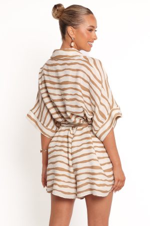 Peppiatt Batwing Playsuit – Tan Stripe