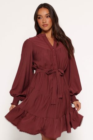 Pierce Long Sleeve Mini Dress – Dark Wine