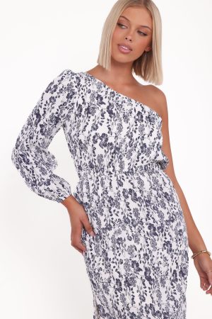 Pontee One Shoulder Pleated Midi Dress – Navy Floral