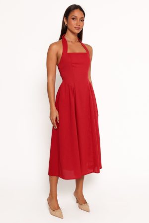 Ramona Halterneck Midi Dress – Red