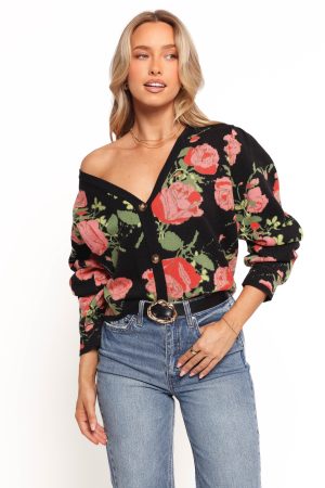Reeva Button Front Floral Cardigan – Black Floral