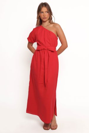 Roma One Shoulder Midi Dress – Red