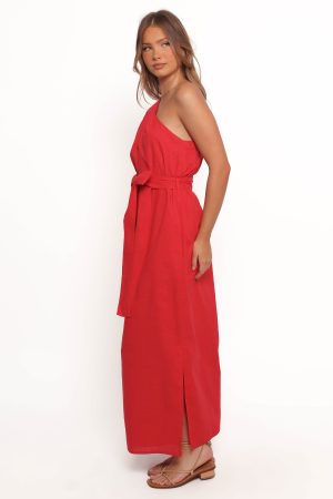 Roma One Shoulder Midi Dress – Red