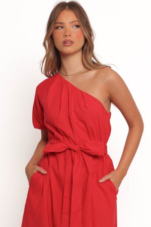 Roma One Shoulder Midi Dress – Red