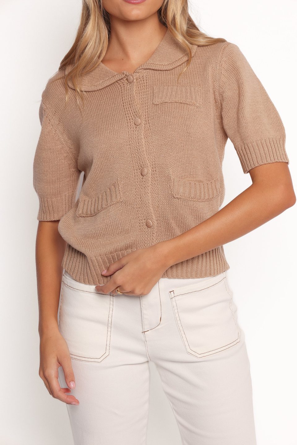 Roman Button Front Cardigan - Beige
