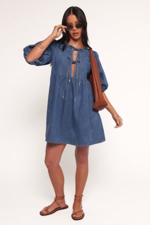 Romana Tie Front Mini Dress – Dark Denim
