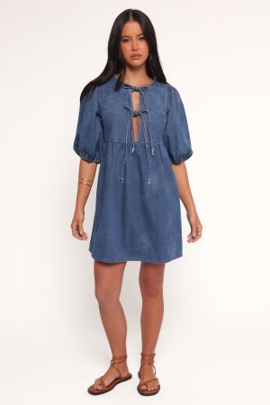 Romana Tie Front Mini Dress – Dark Denim