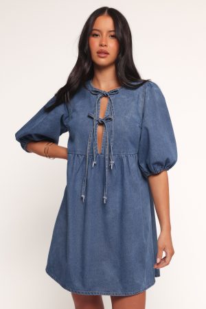 Romana Tie Front Mini Dress – Dark Denim
