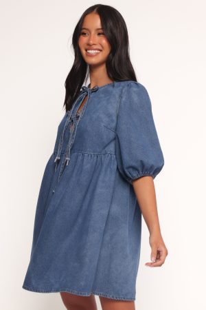 Romana Tie Front Mini Dress – Dark Denim
