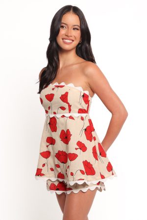 Romia Strapless Romper – Red Beige Poppy