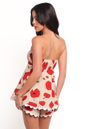 Romia Strapless Romper – Red Beige Poppy