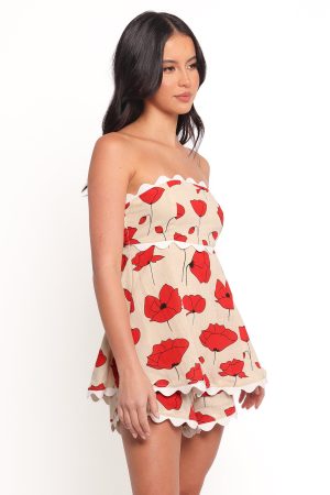Romia Strapless Romper – Red Beige Poppy