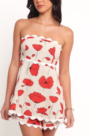 Romia Strapless Romper – Red Beige Poppy