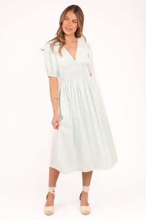 Ronnie Short Sleeve Midi Dress – Green Blue Stripe