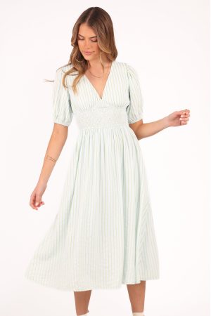Ronnie Short Sleeve Midi Dress – Green Blue Stripe