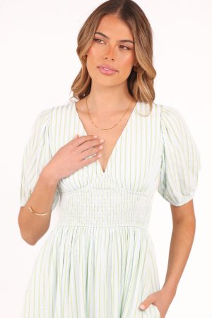 Ronnie Short Sleeve Midi Dress – Green Blue Stripe