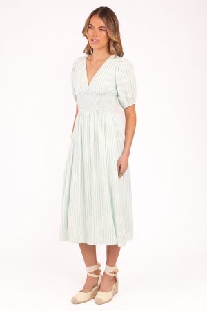 Ronnie Short Sleeve Midi Dress – Green Blue Stripe