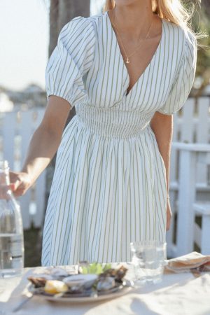 Ronnie Short Sleeve Midi Dress – Green Blue Stripe