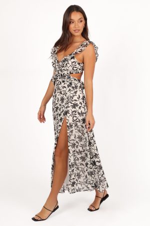 Rori Ruffle Maxi Dress – White Black Floral