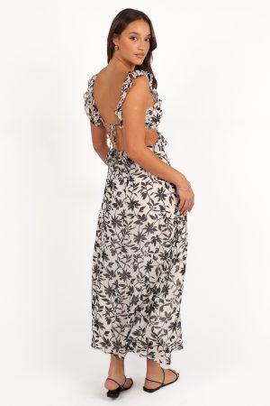 Rori Ruffle Maxi Dress – White Black Floral