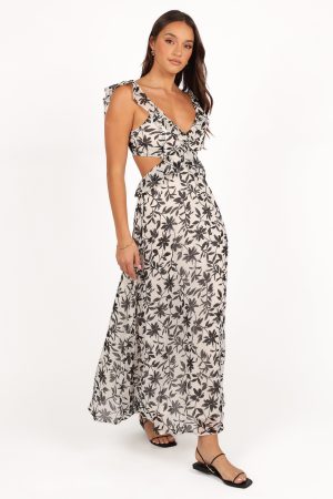 Rori Ruffle Maxi Dress – White Black Floral