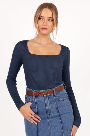 Shani Ribbed Knit Top – Dusty Blue