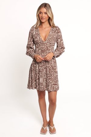 Sheridan Long Sleeve Mini Dress – Chocolate Brown Print
