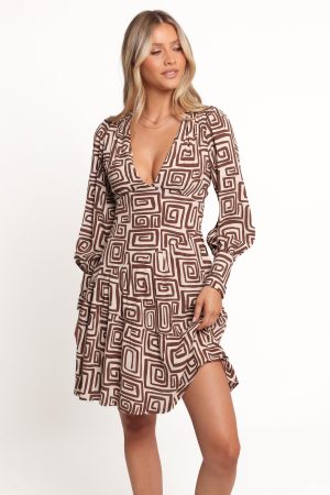 Sheridan Long Sleeve Mini Dress – Chocolate Brown Print