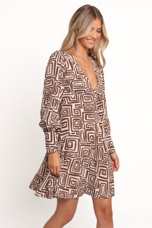 Sheridan Long Sleeve Mini Dress – Chocolate Brown Print