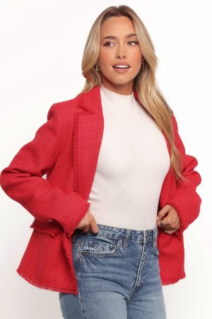 Simona Single Button Twill Blazer – Red