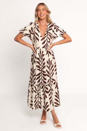 Steele Puff Sleeve Midi Dress – Brown Palm