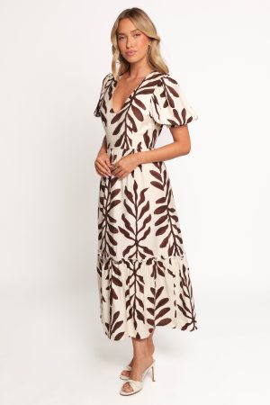 Steele Puff Sleeve Midi Dress – Brown Palm