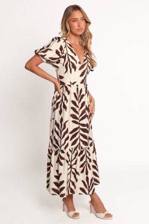 Steele Puff Sleeve Midi Dress – Brown Palm