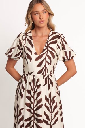 Steele Puff Sleeve Midi Dress – Brown Palm