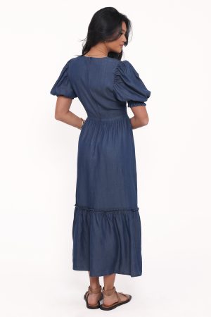 Steele Puff Sleeve Midi Dress – Dark Denim