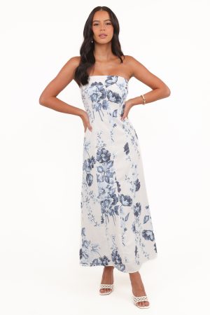 Tamira Strapless Midi Dress – Blue Floral