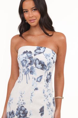 Tamira Strapless Midi Dress – Blue Floral